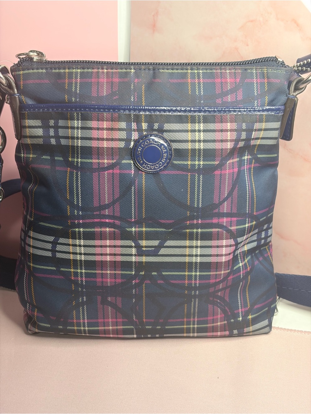 Coach Plaid Tote in Navy, Pink and Yellow